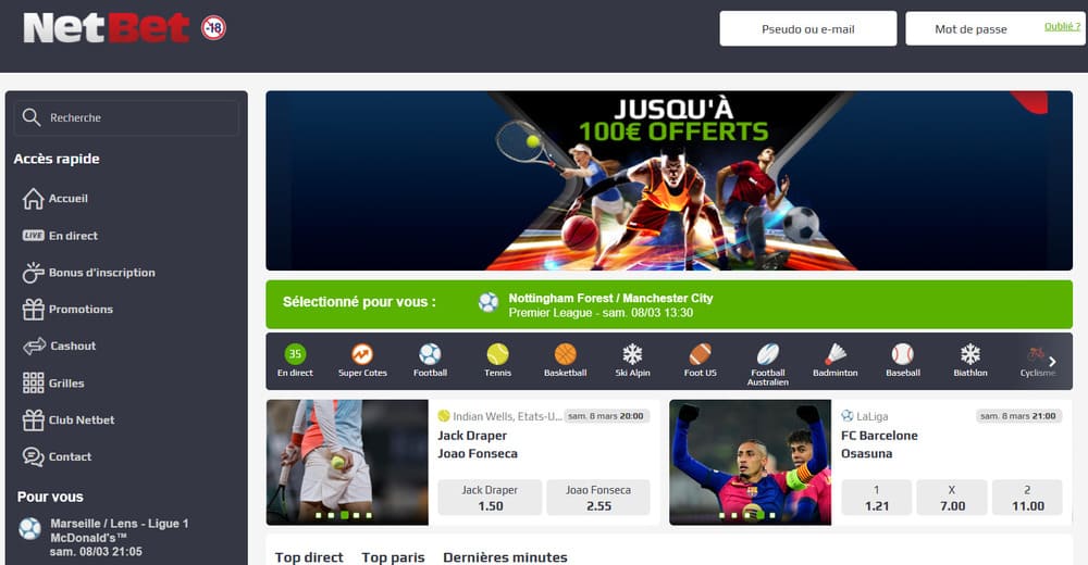 homepage du casino sans wager netbet france